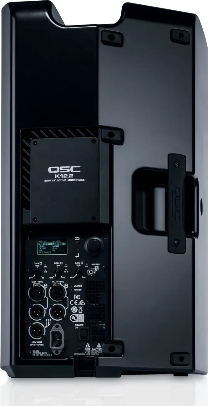 Rear panel of the QSC K12.2 with its LCD, inputs and outputs