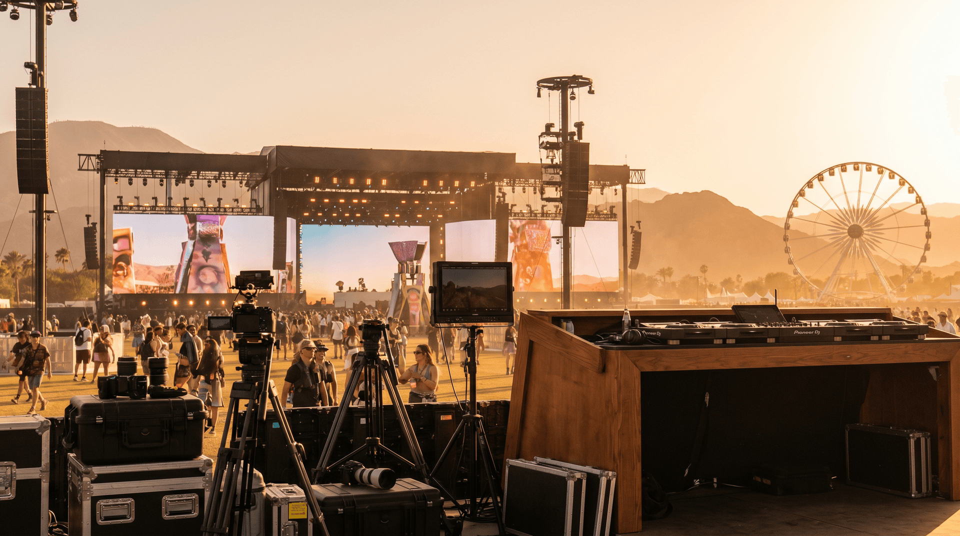Coachella festival grounds with main stage and surrounding desert landscape at sunset
