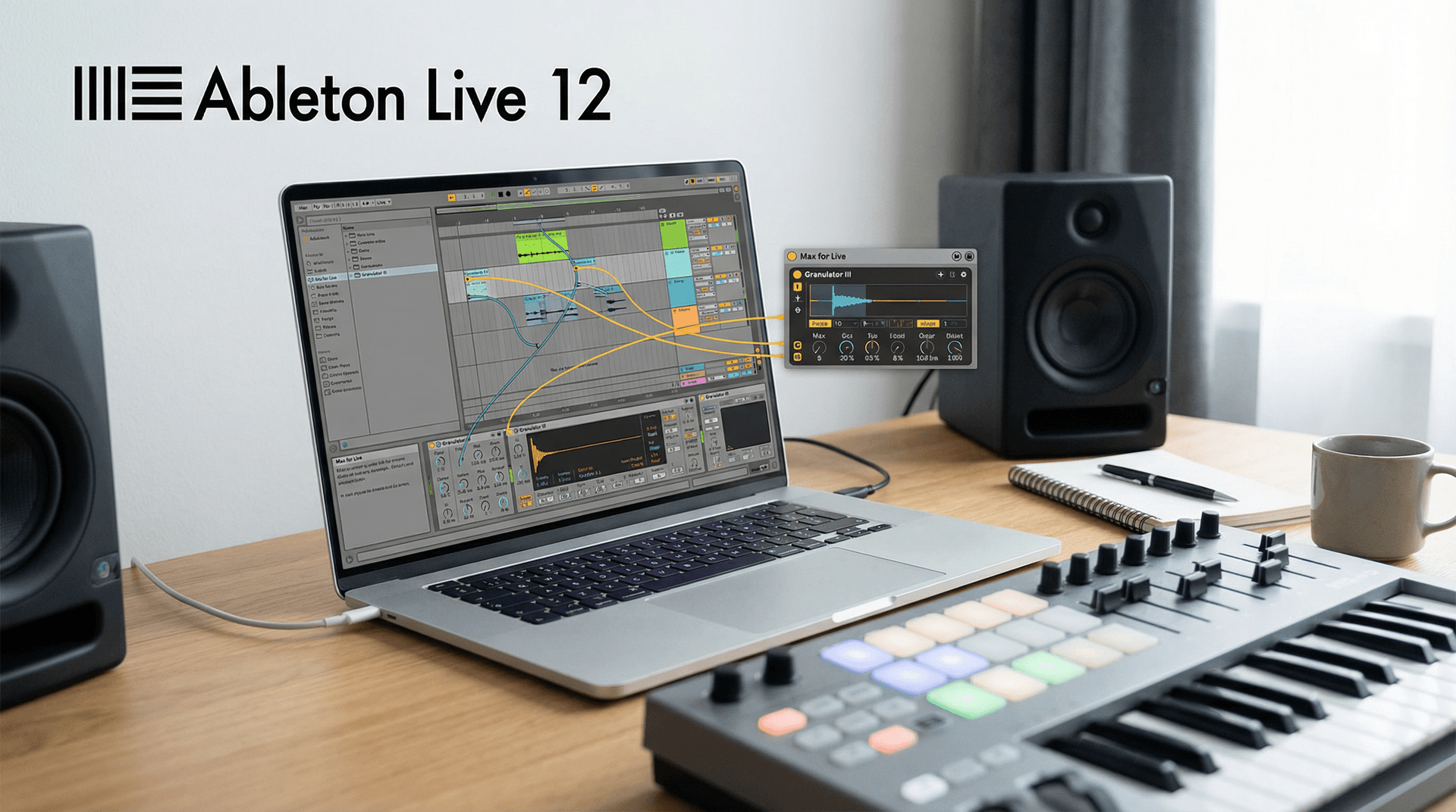 Ableton Live 12 interface on laptop screen showing Max for Live device with parameter controls