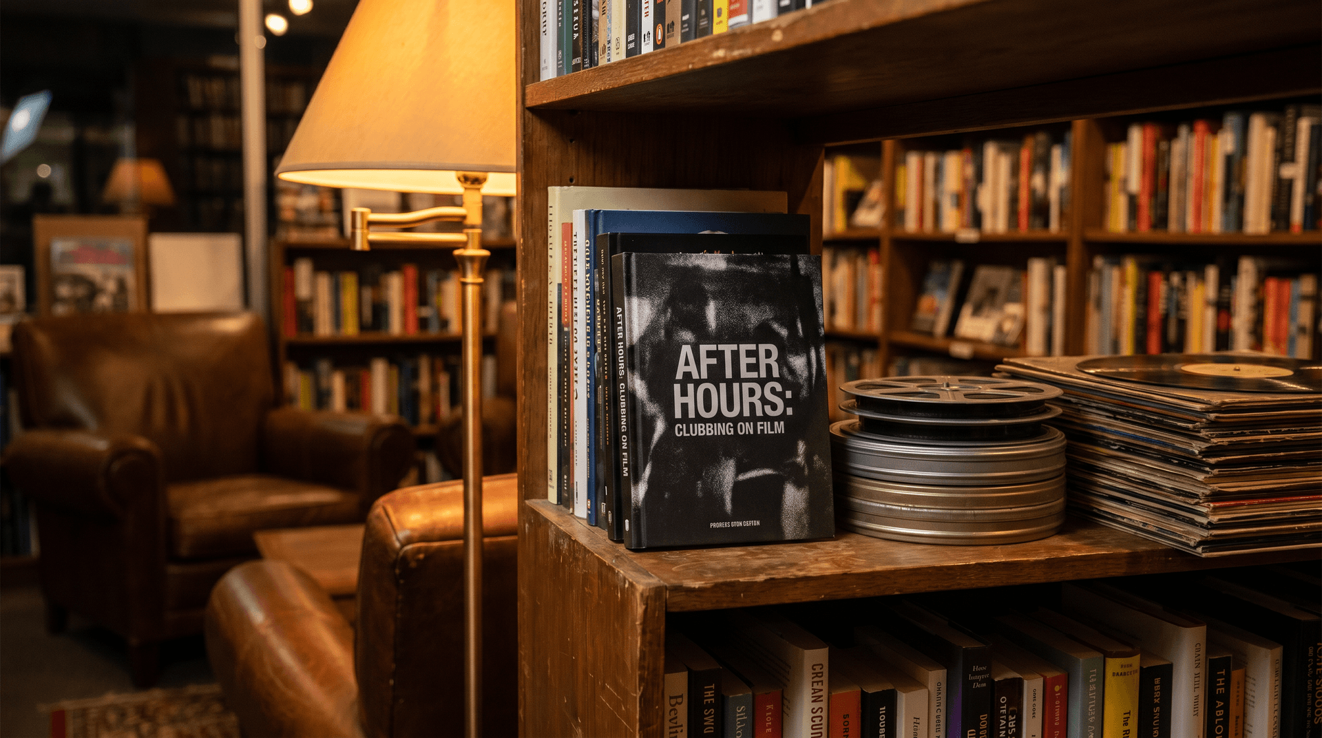 Book cover for After Hours: Clubbing on Film displayed on bookshelf in independent bookshop