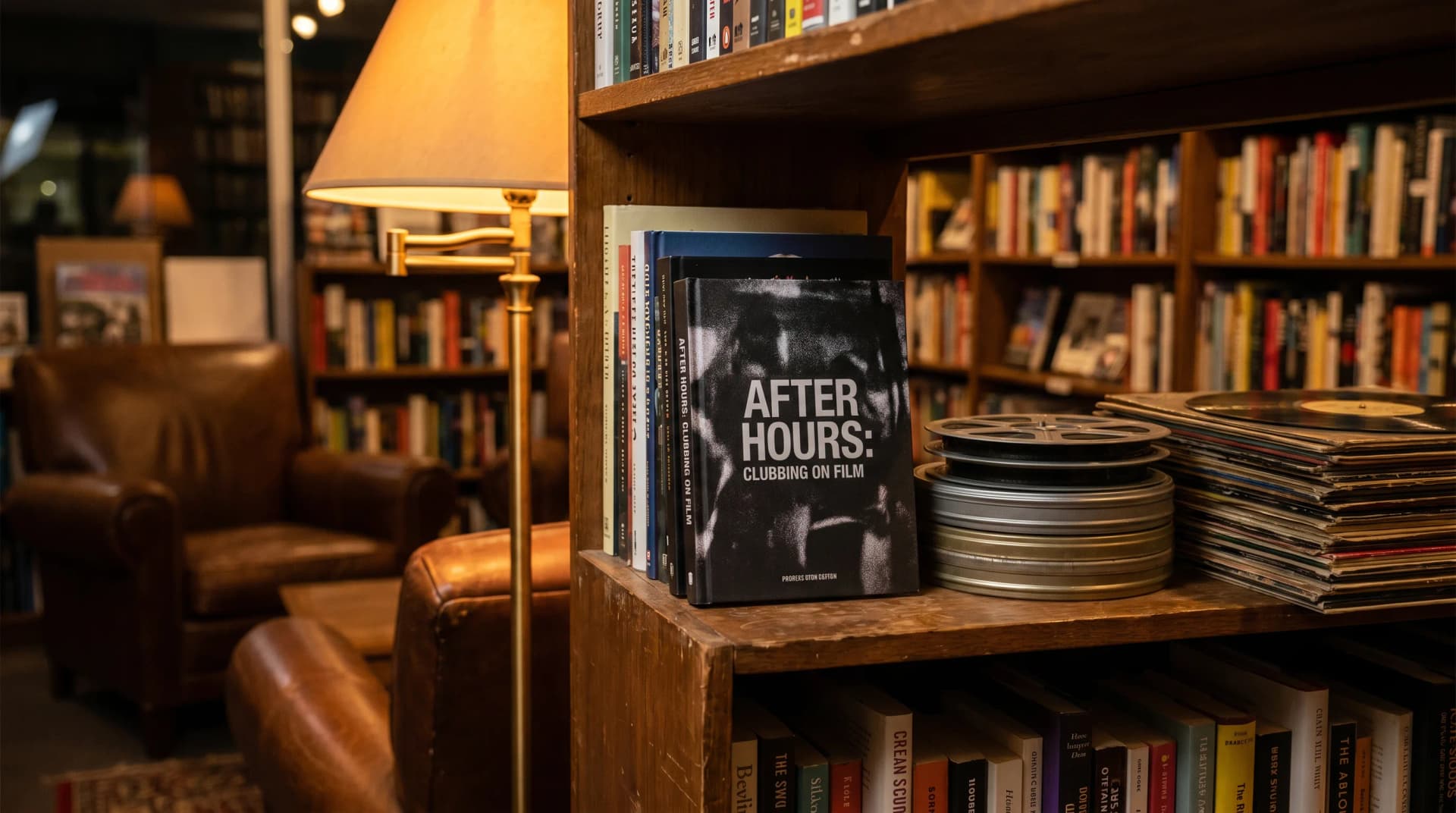 Book cover for After Hours: Clubbing on Film displayed on bookshelf in independent bookshop