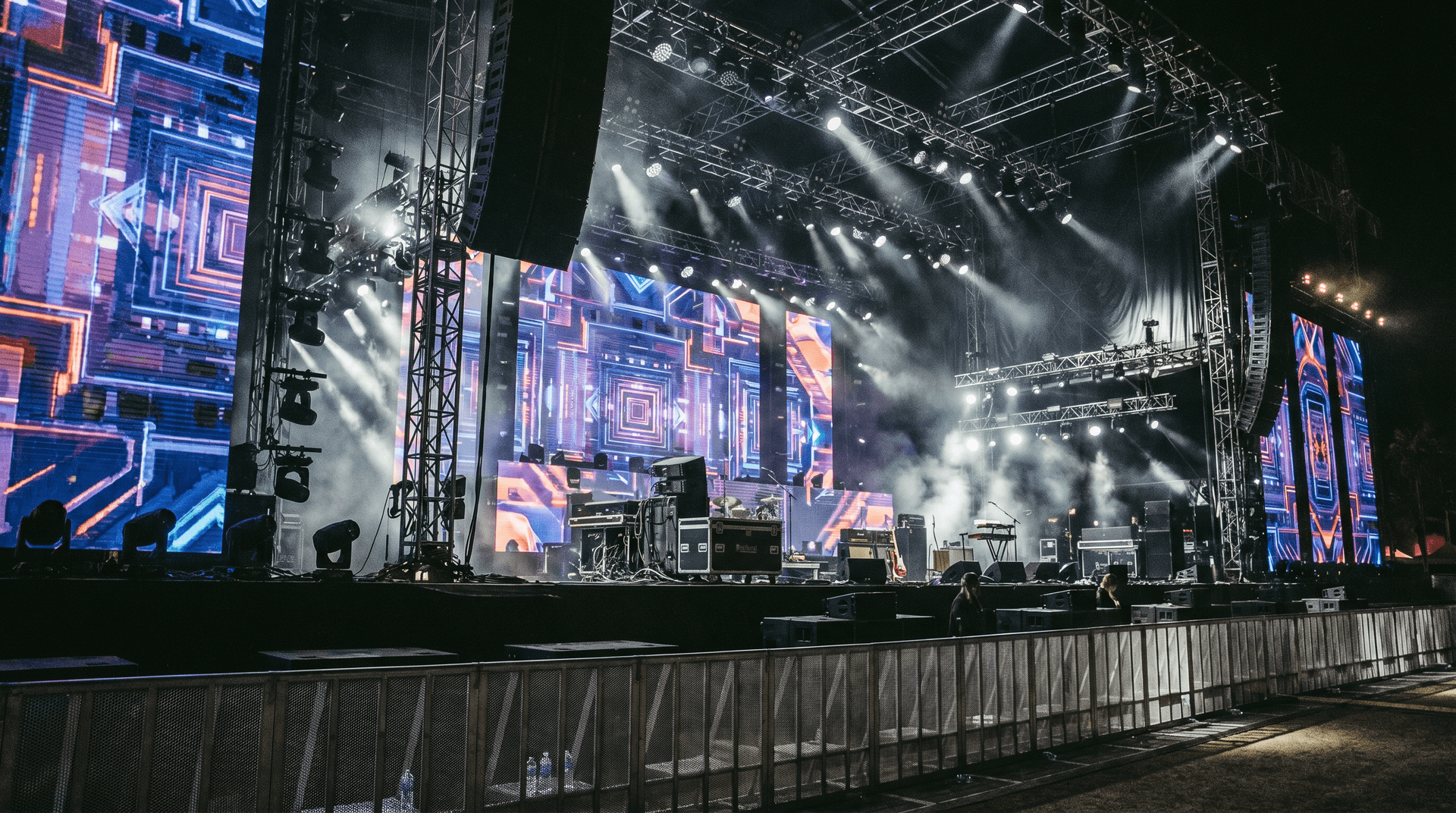 Empty Coachella Sahara tent stage with LED screens and production equipment