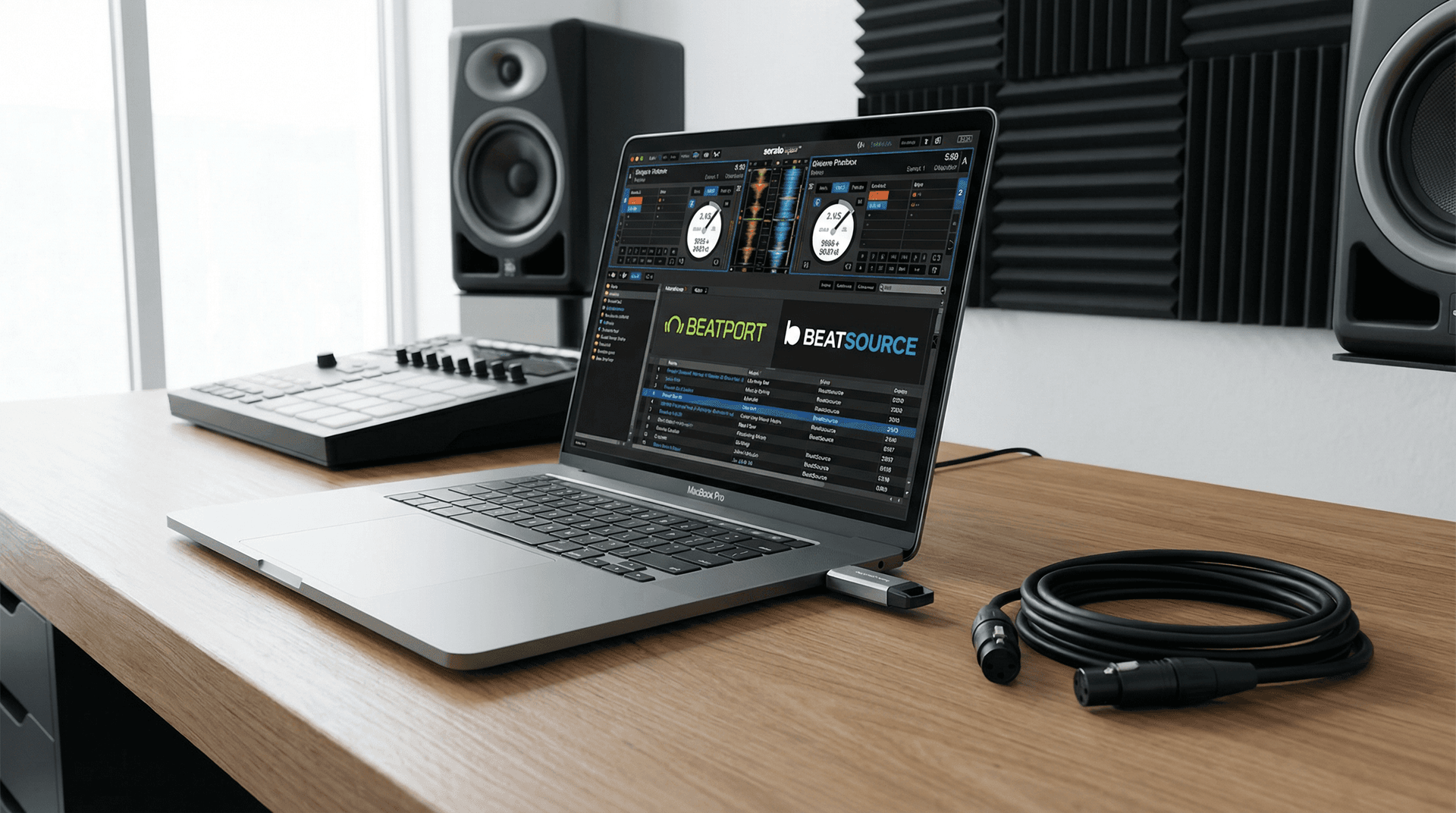 Beatport and Beatsource logos displayed on laptop screen with DJ software interface