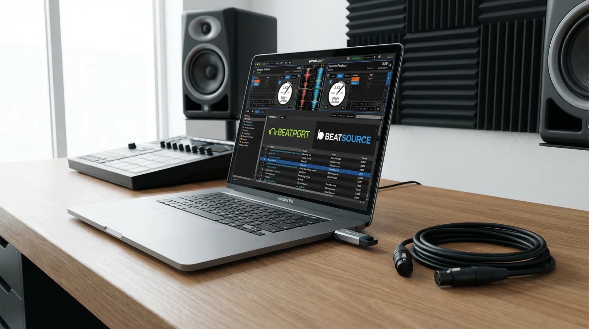 Beatport and Beatsource logos displayed on laptop screen with DJ software interface
