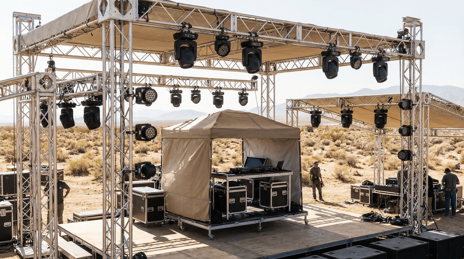 Large outdoor festival stage with lighting truss and equipment overhead