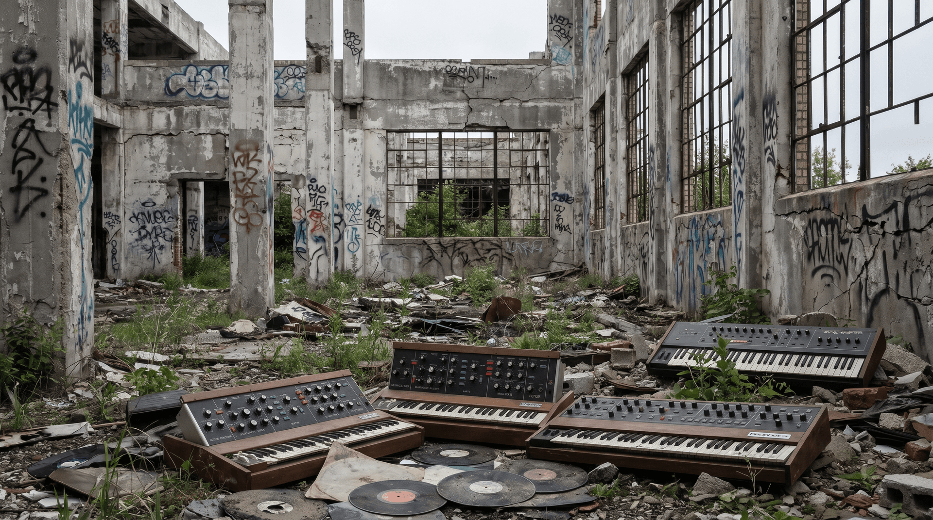 Abandoned Packard Automotive Plant ruins in Detroit with graffiti-covered concrete walls