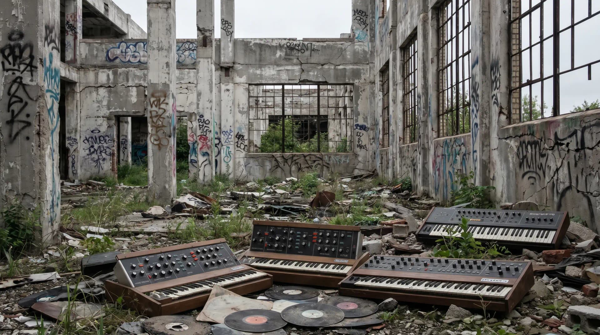 Abandoned Packard Automotive Plant ruins in Detroit with graffiti-covered concrete walls