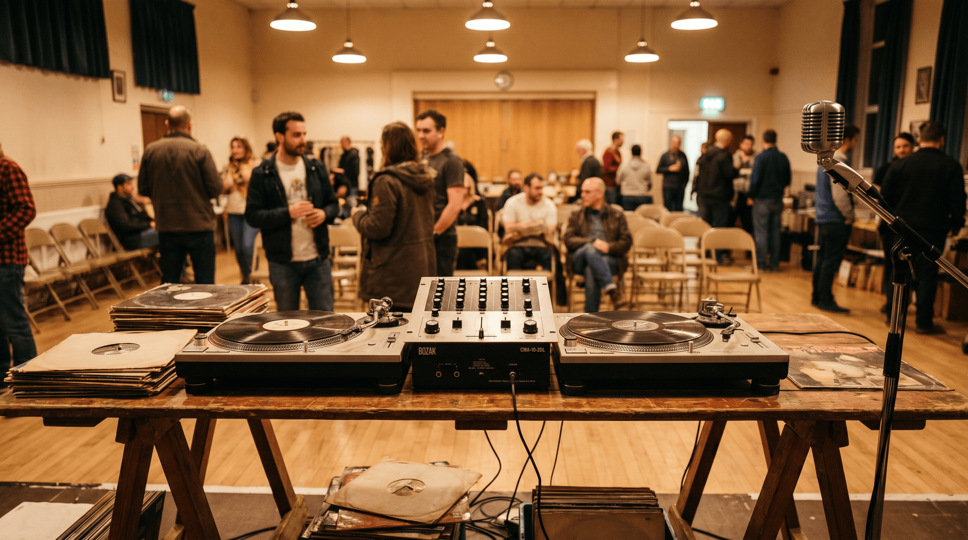 Vintage turntables and mixer from the 1970s Bronx hip-hop era with vinyl records
