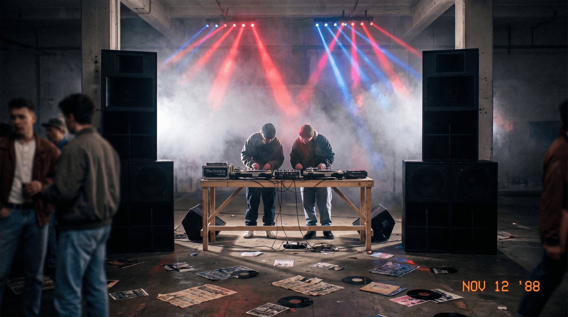 Vintage 1980s warehouse rave setup with early DJ equipment and sound system speakers