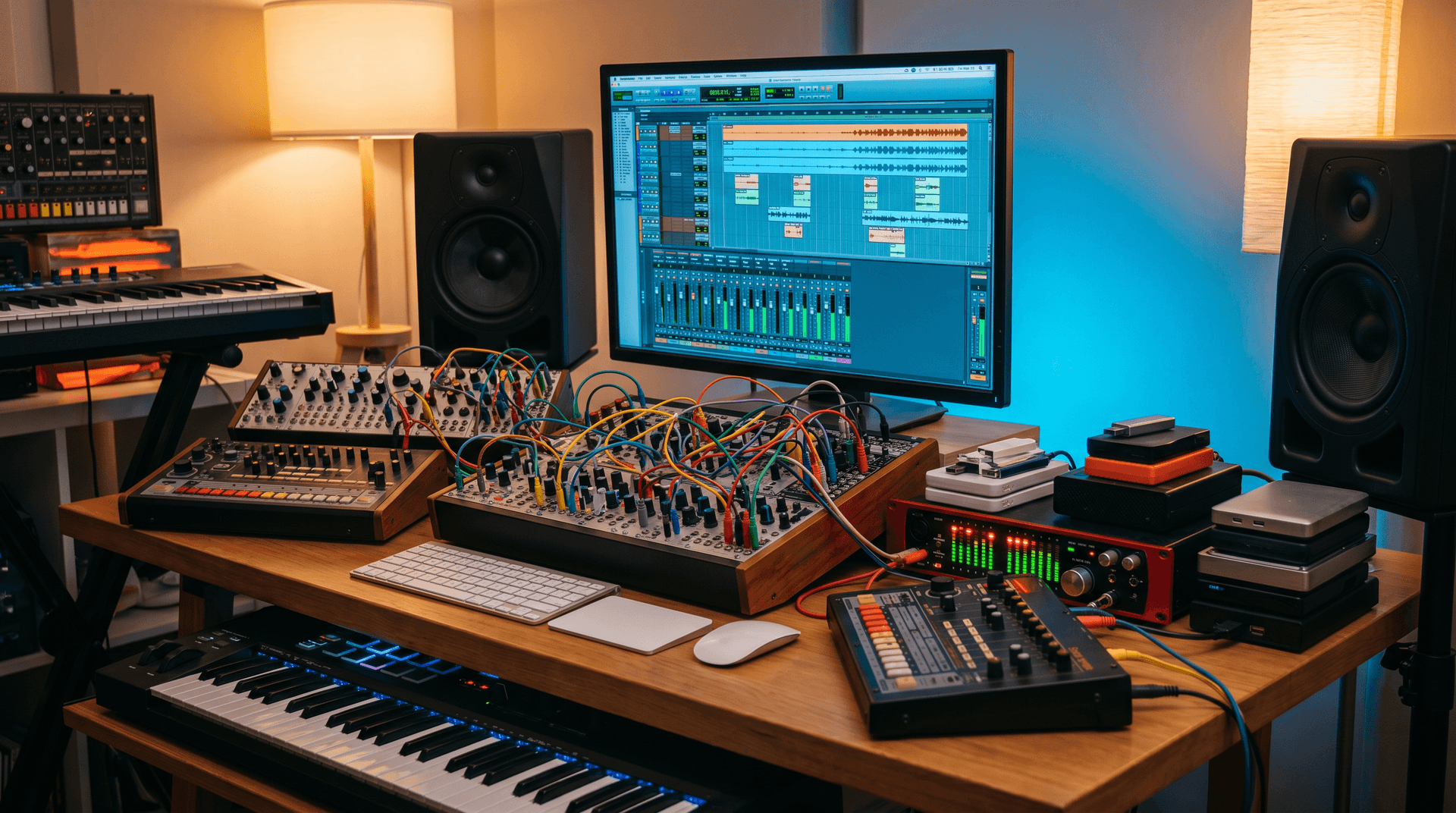 Recording studio desk with hardware synthesizers, MIDI controllers, audio interface, and computer screen showing DAW session with multiple audio tracks