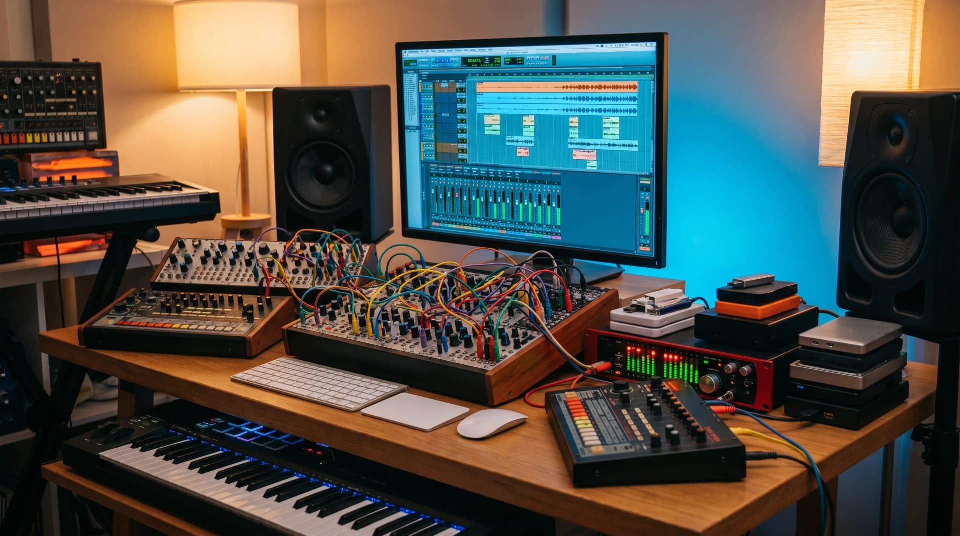 Recording studio desk with hardware synthesizers, MIDI controllers, audio interface, and computer screen showing DAW session with multiple audio tracks