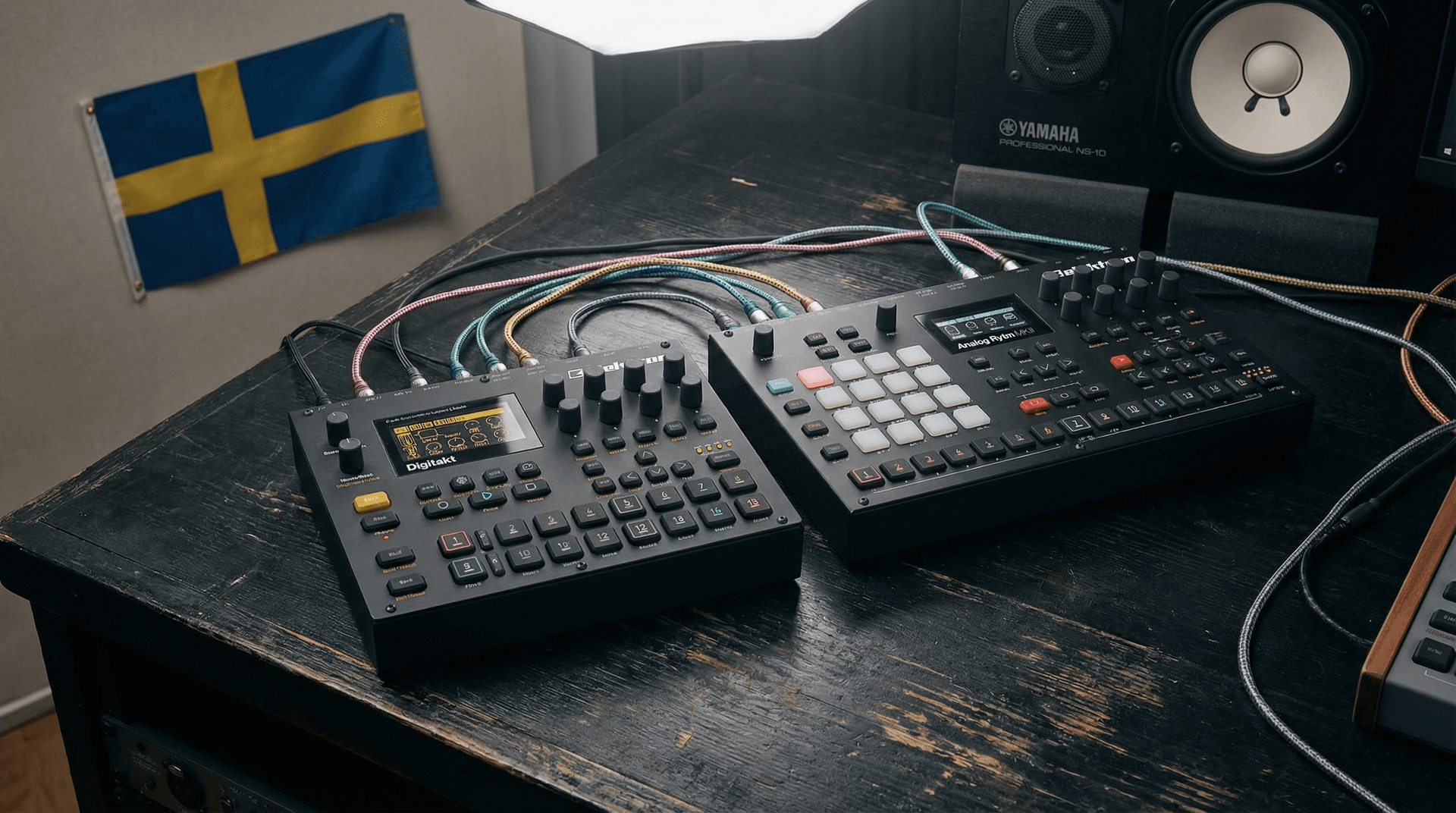 Elektron Digitakt and Analog Rytm devices on studio desk with connecting cables
