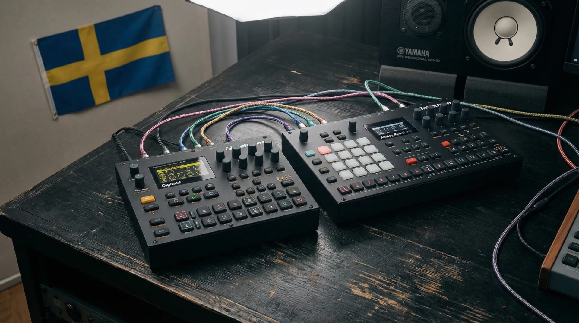 Elektron Digitakt and Analog Rytm devices on studio desk with connecting cables