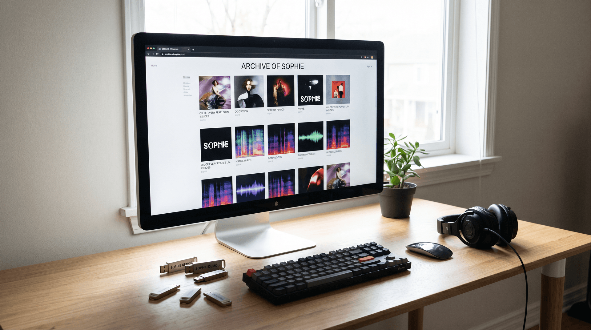 Digital archive interface displaying SOPHIE's discography and visual work on a computer screen