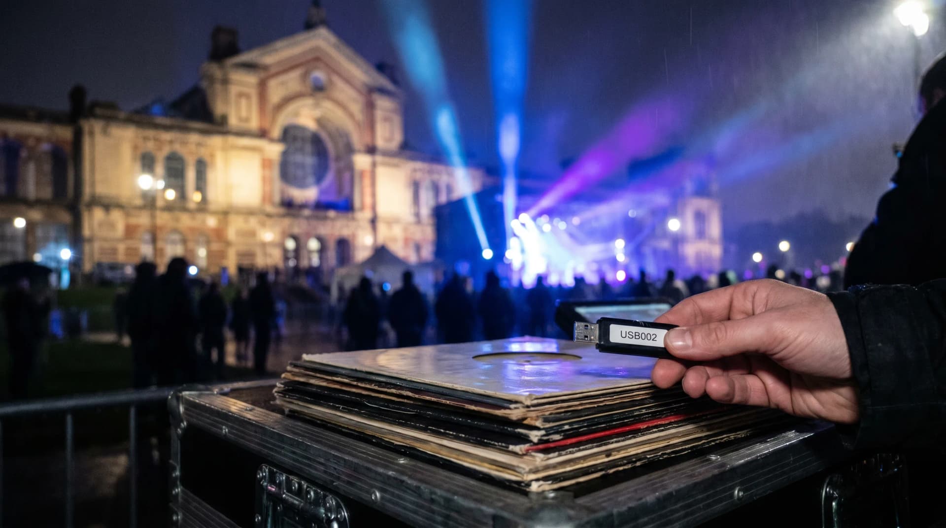 Alexandra Palace venue exterior with USB drive and vinyl records in foreground