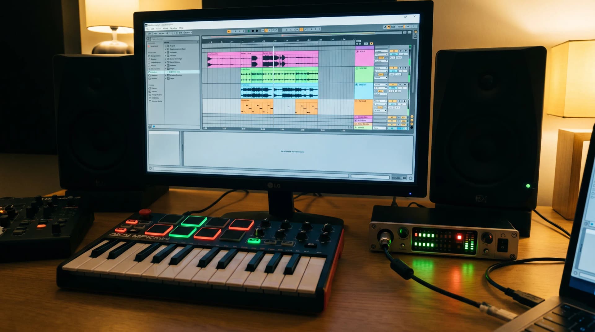 DAW session on computer monitor showing house music arrangement with MIDI controller and studio monitors