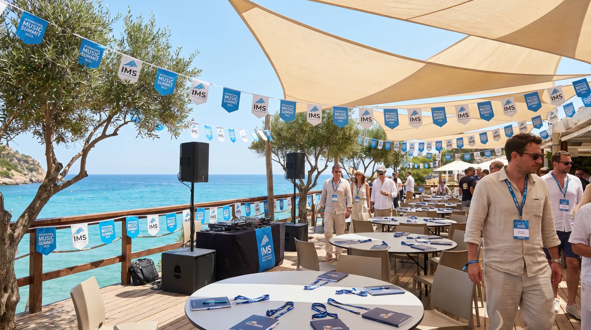 International Music Summit conference venue at Cala Llonga, Ibiza with Mediterranean coastline