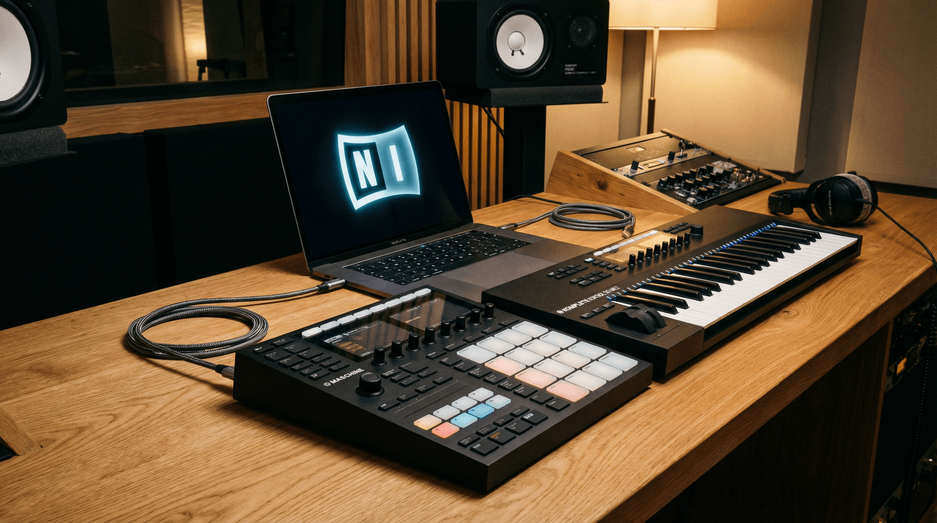 Native Instruments Maschine hardware controller and Komplete Kontrol keyboard on studio desk with company logo