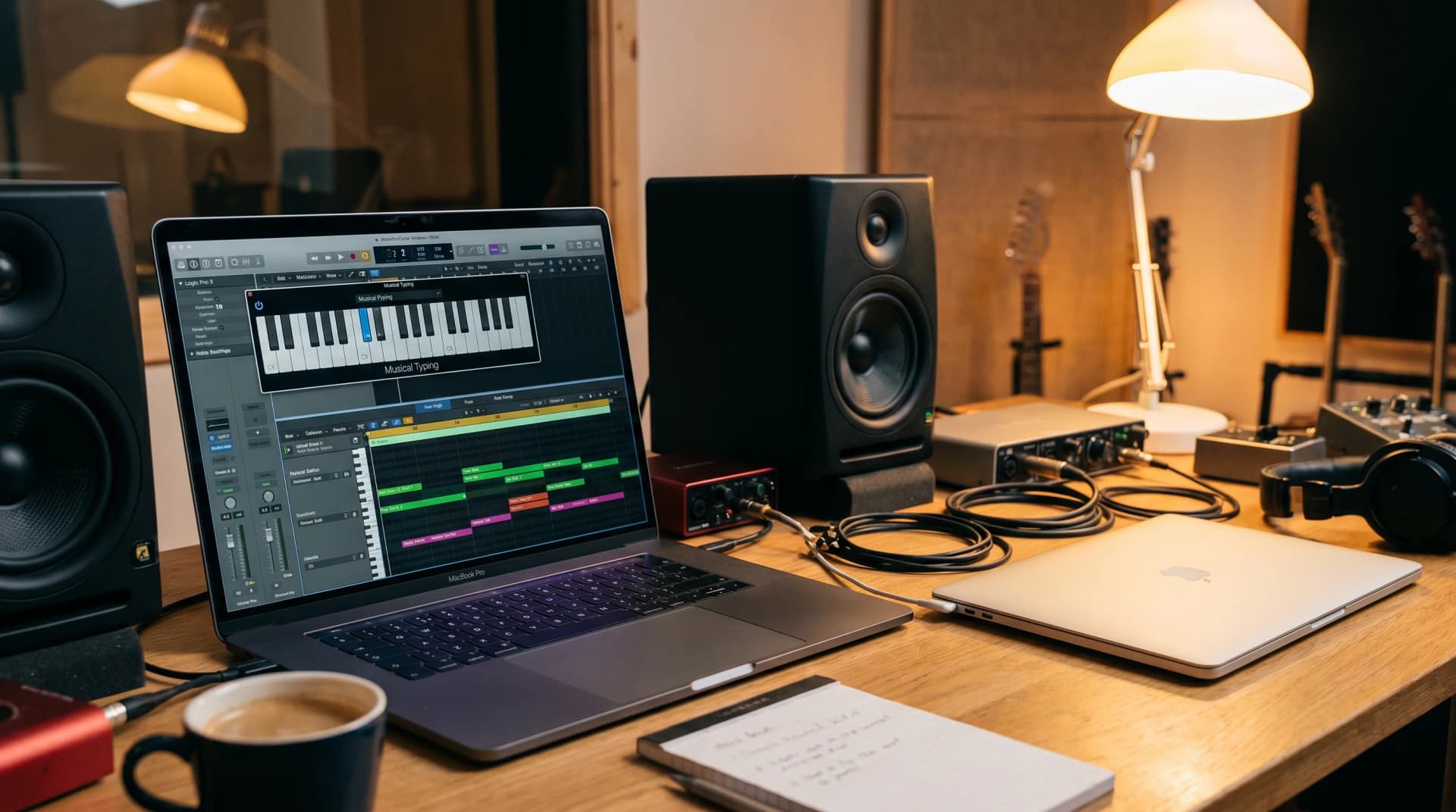 MacBook Pro displaying Logic Pro's Musical Typing feature with piano roll visible on screen