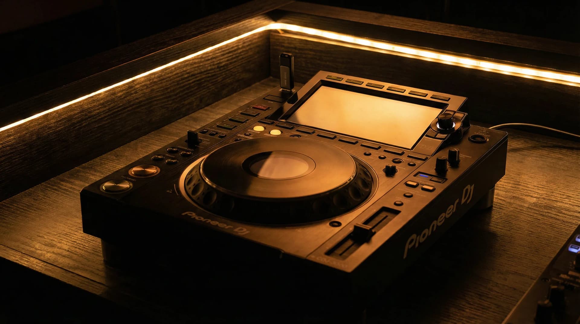 Pioneer DJ media player with USB drive on a DJ booth under warm amber lighting