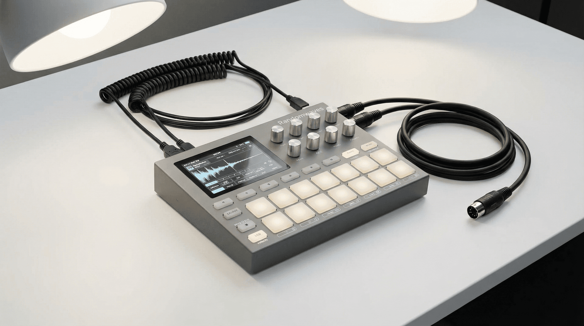 Randomwaves Drumboy Pro groovebox with touch screen display, knobs, and pads on studio desk