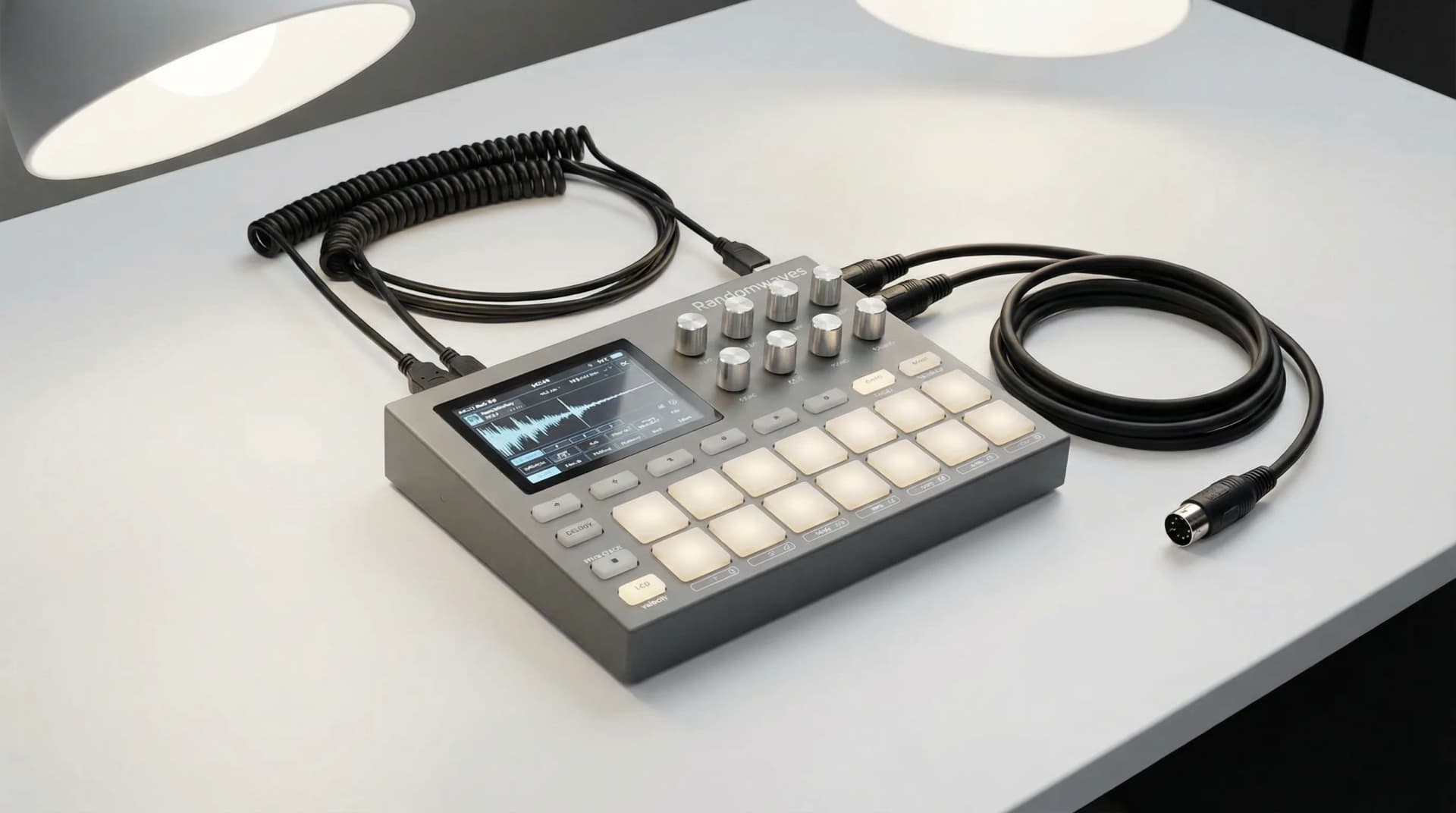 Randomwaves Drumboy Pro groovebox with touch screen display, knobs, and pads on studio desk