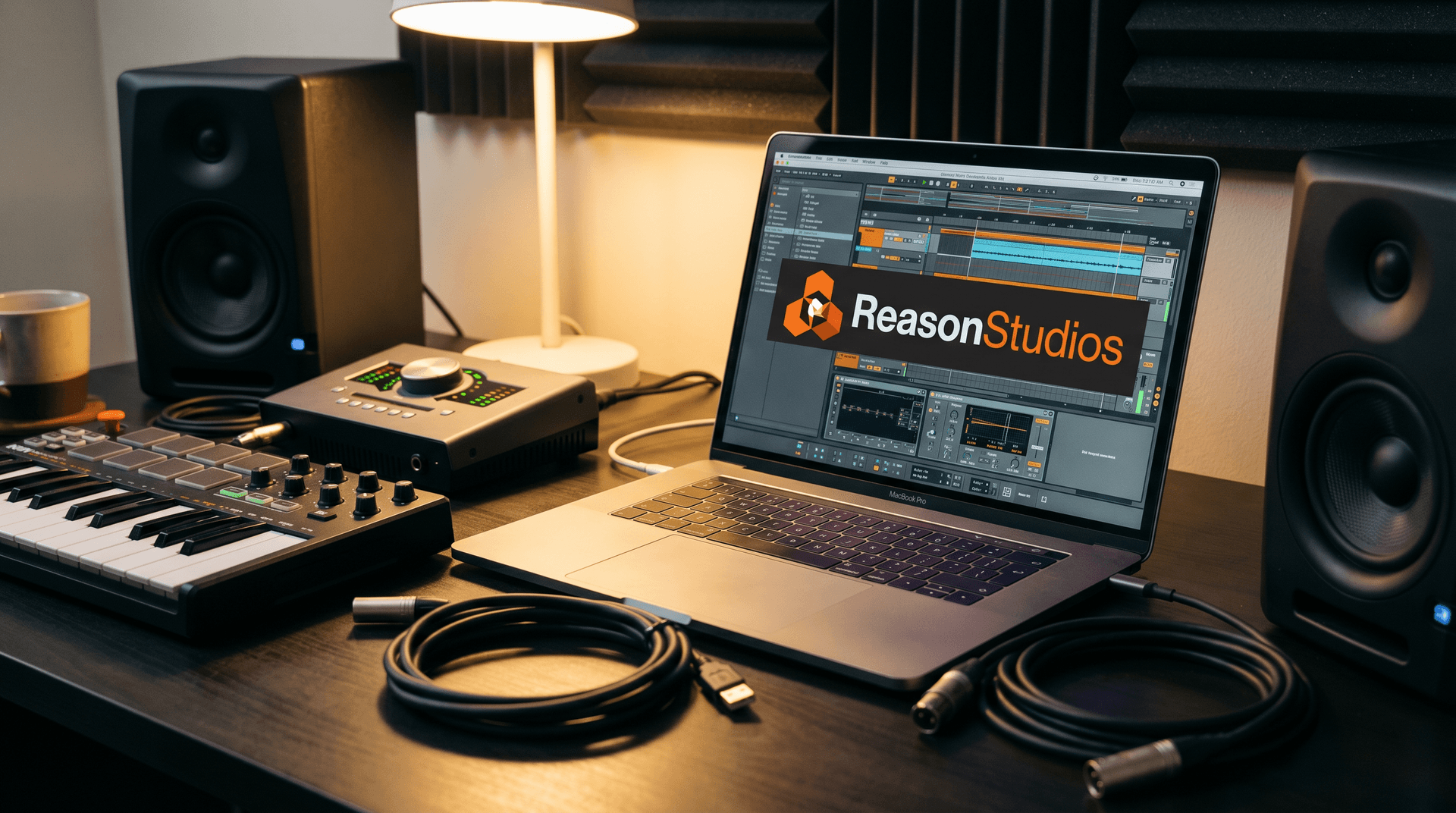 Reason Studios logo displayed on laptop screen with MIDI controller and audio interface on studio desk