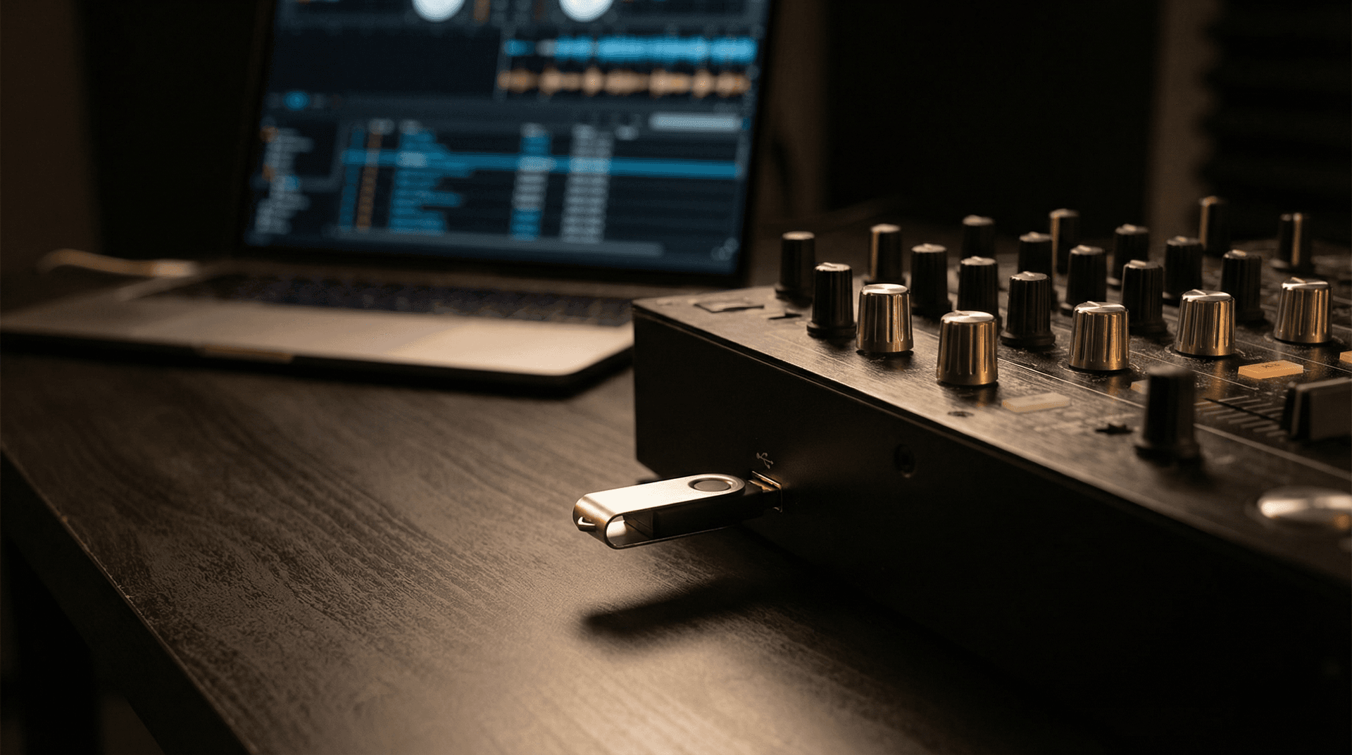 USB drive connected to DJ controller on studio desk with laptop displaying music library management software