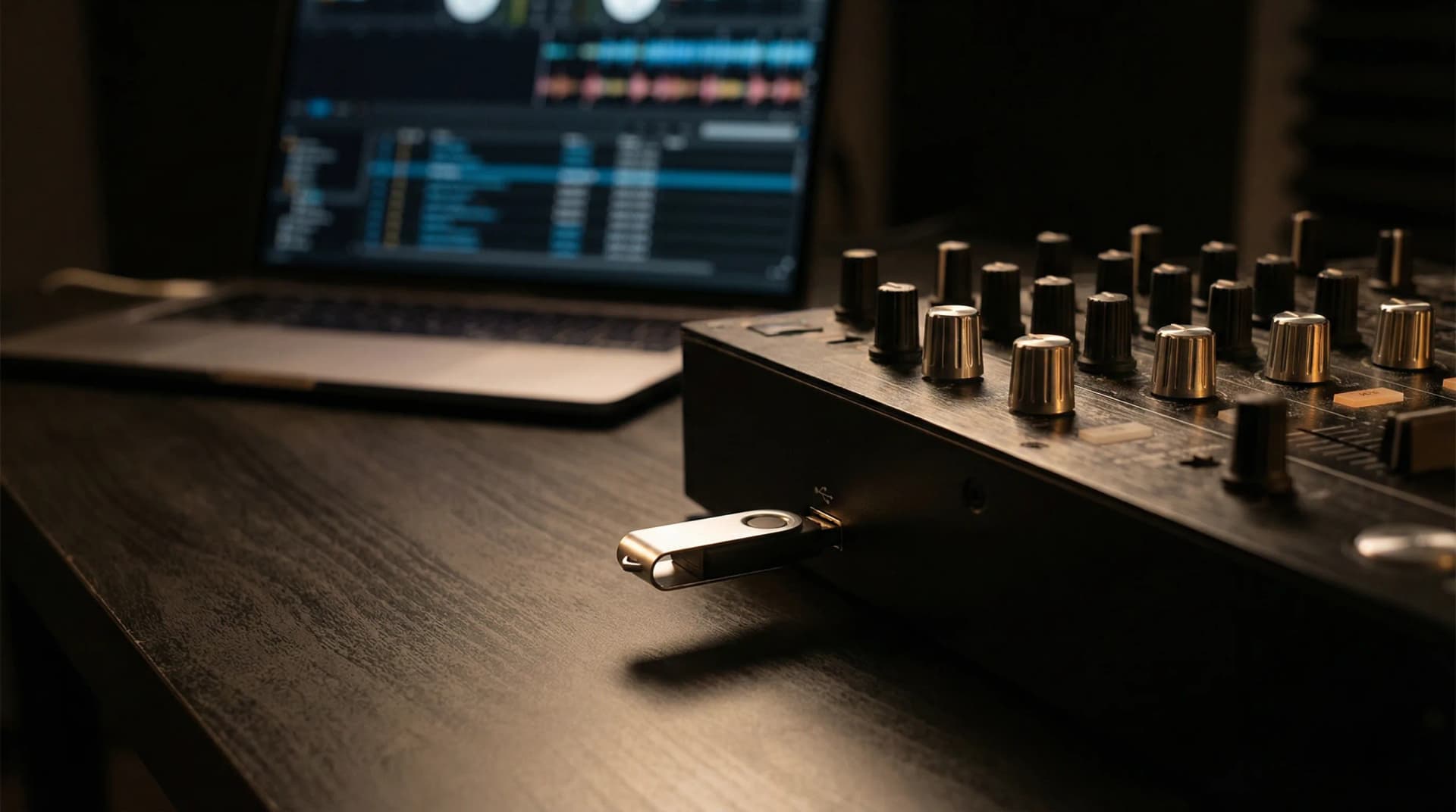 USB drive connected to DJ controller on studio desk with laptop displaying music library management software