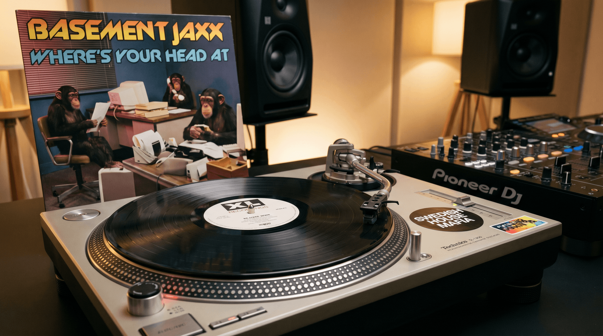Steve Angello and Basement Jaxx vinyl records on turntable with XL Recordings label visible