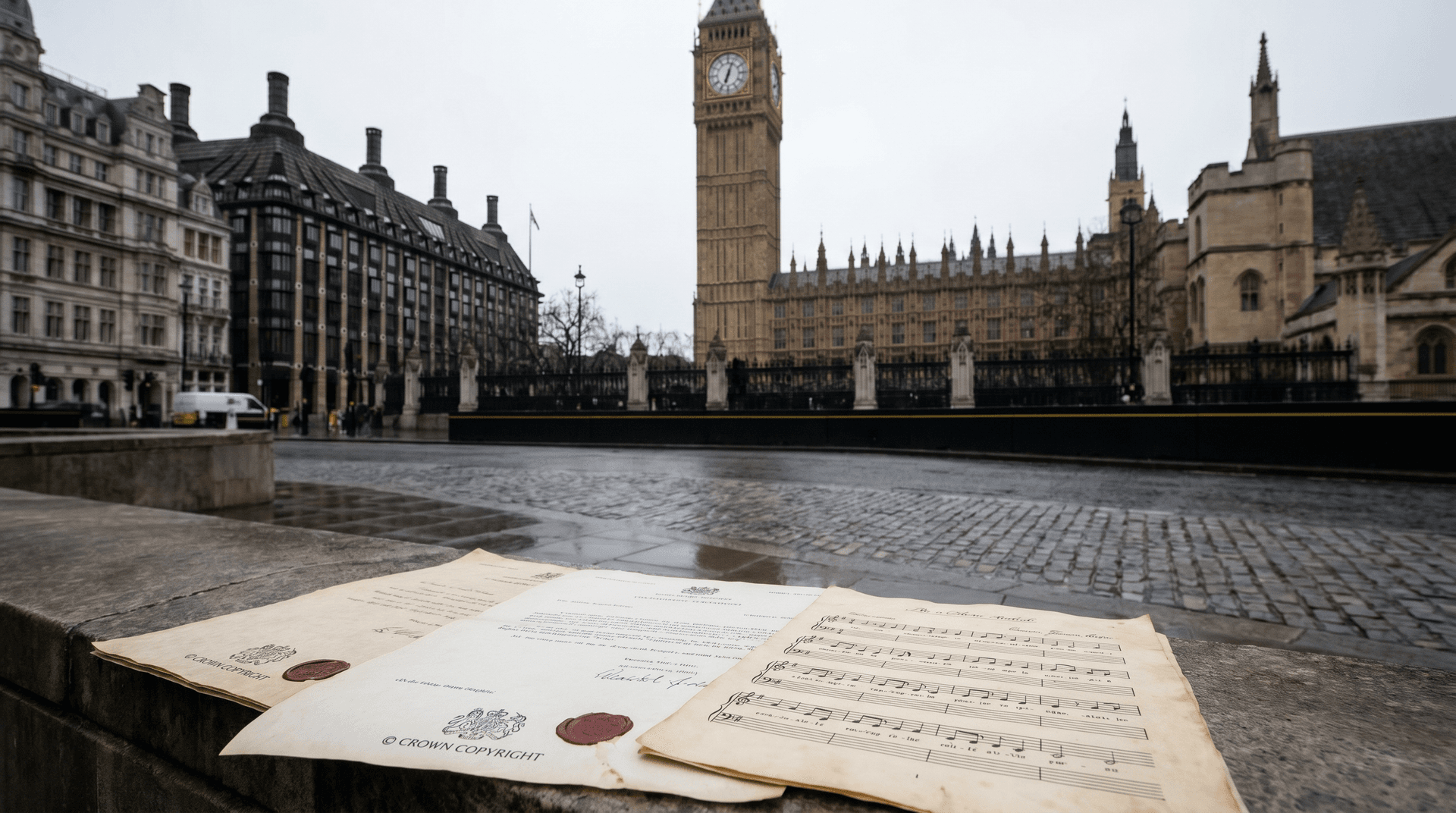 UK Parliament building with copyright legislation documents and musical notation overlaid