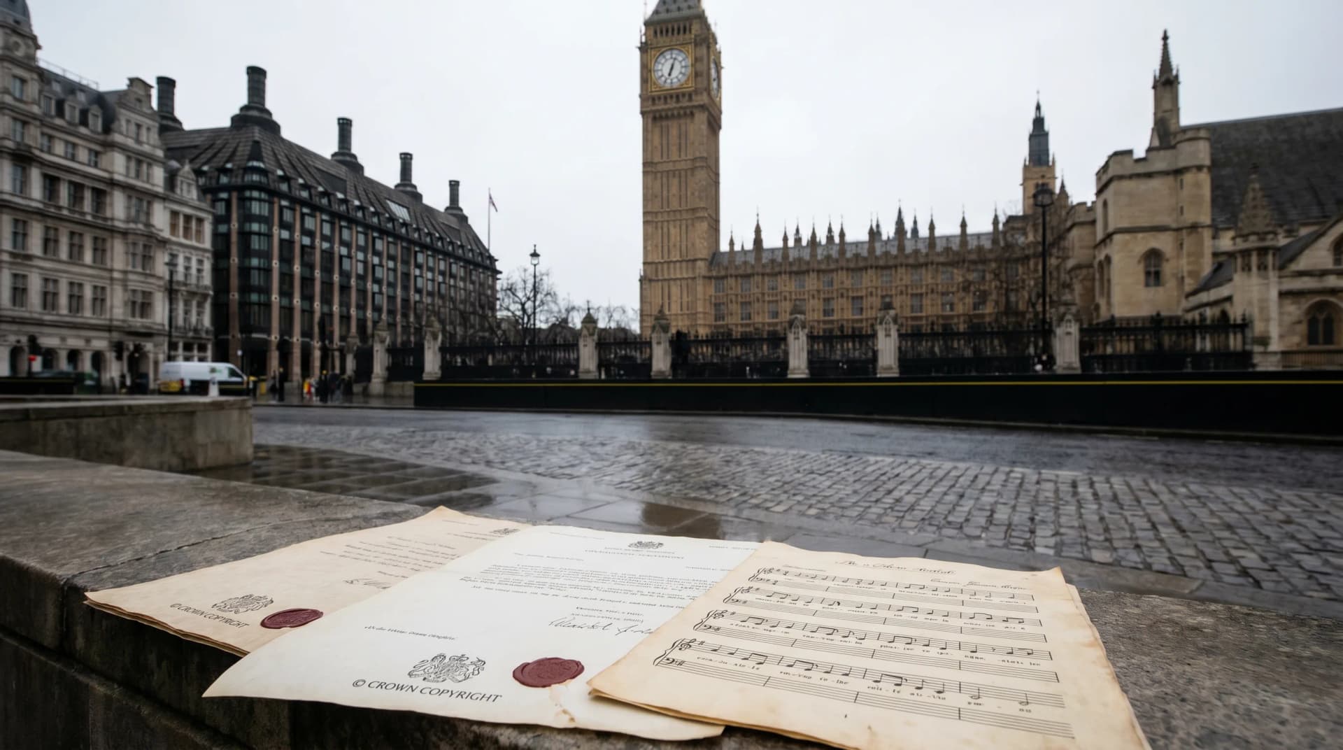 UK Parliament building with copyright legislation documents and musical notation overlaid