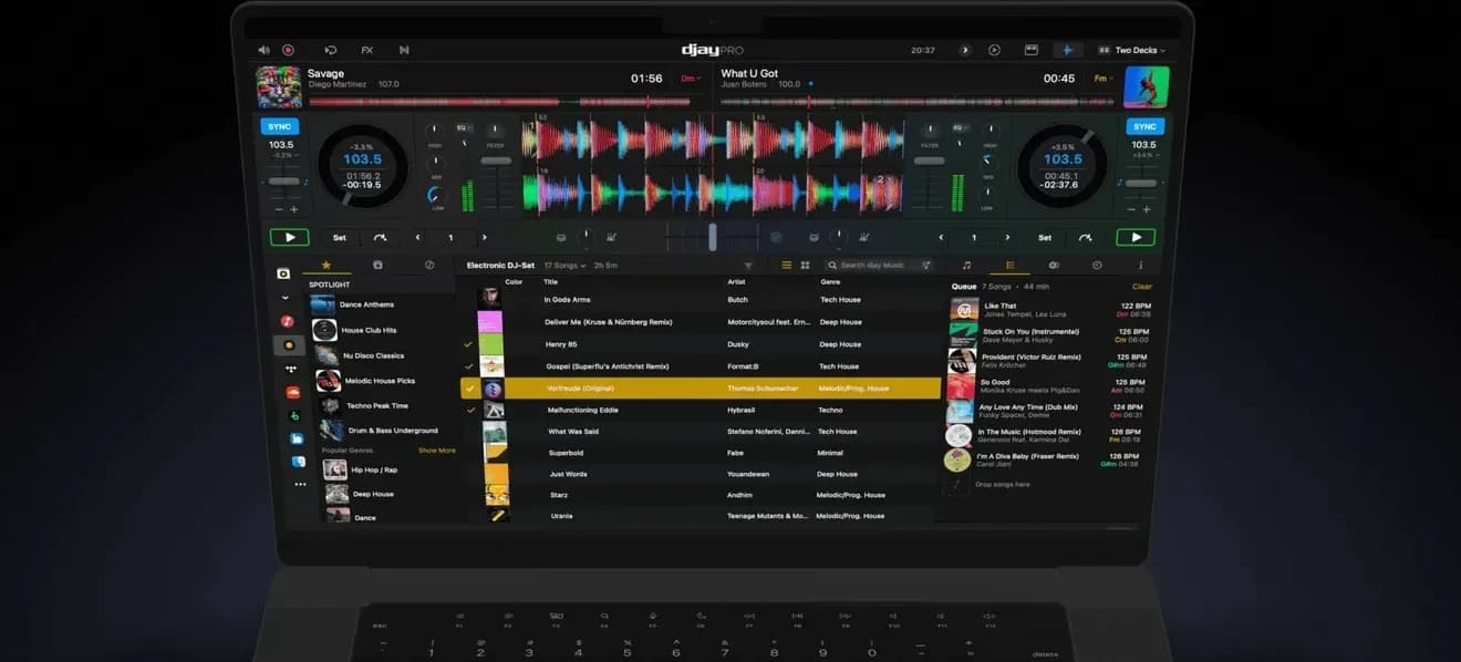 djay Pro two-deck view with waveforms and library on a MacBook