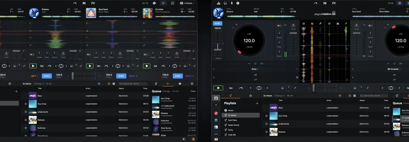 djay Pro waveform and turntable layouts side by side