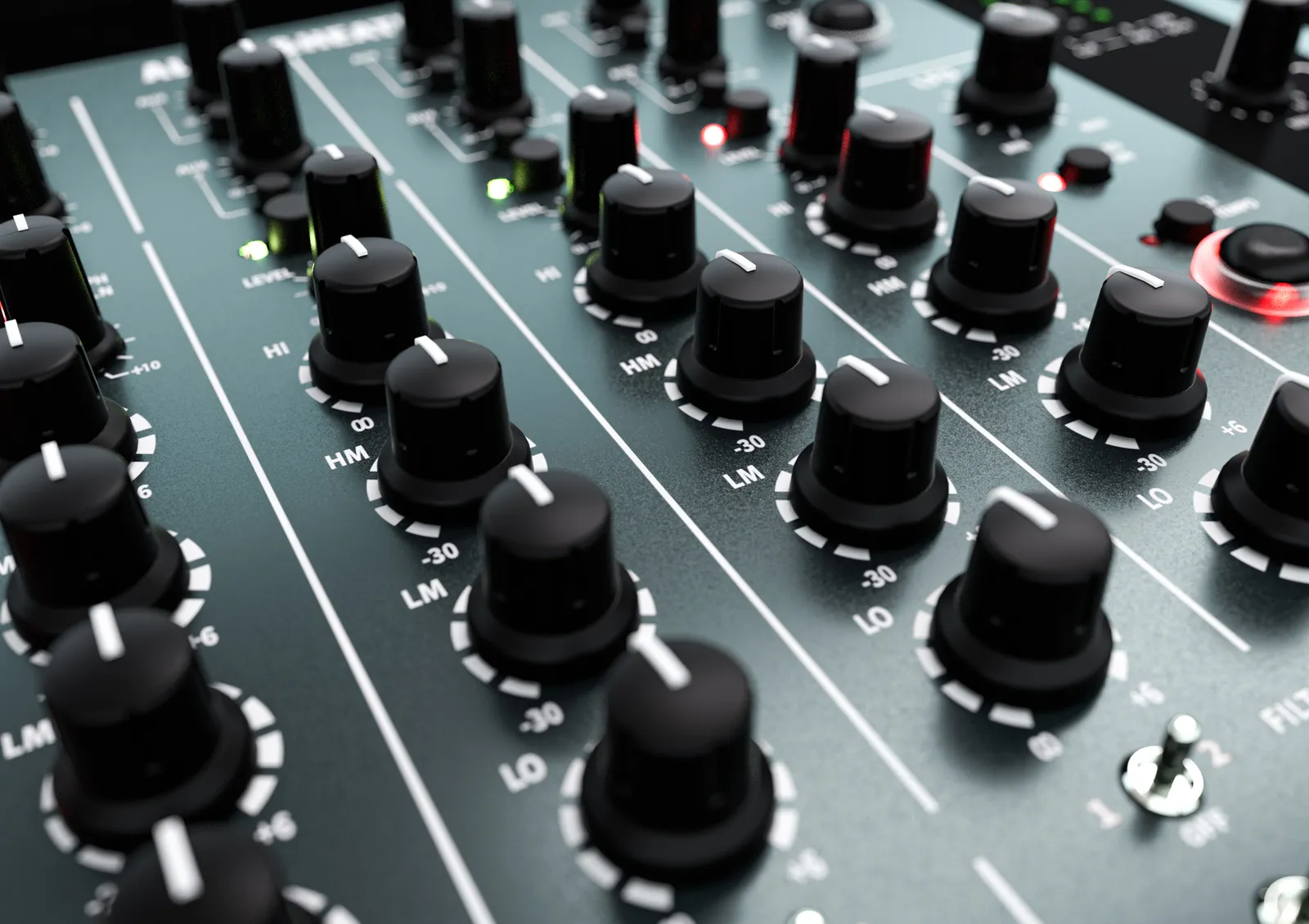 Four-band EQ knobs on the Allen & Heath Xone:92, close up