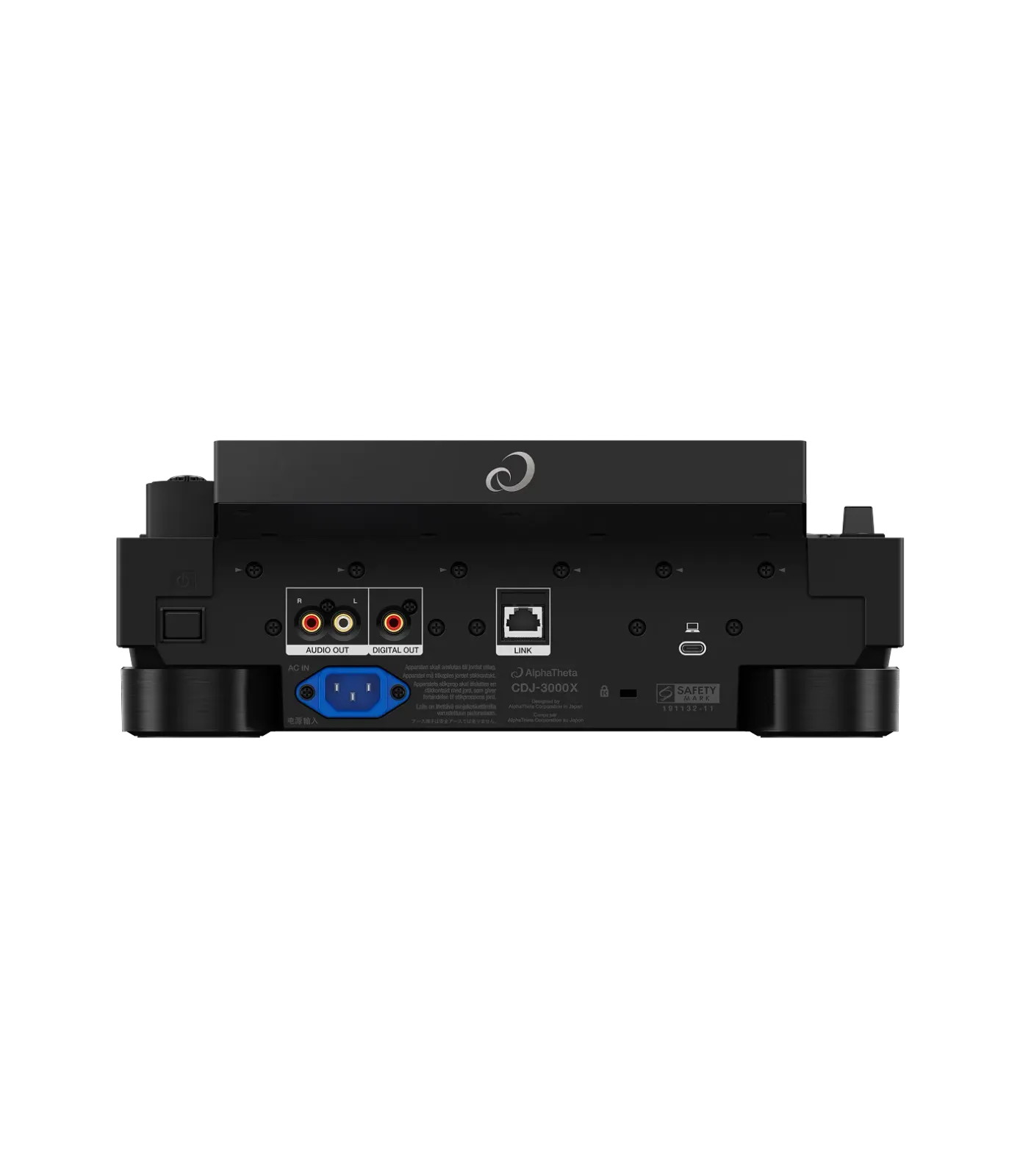 Rear panel of the AlphaTheta CDJ-3000X with the audio outputs, LAN, USB-C and power inlet