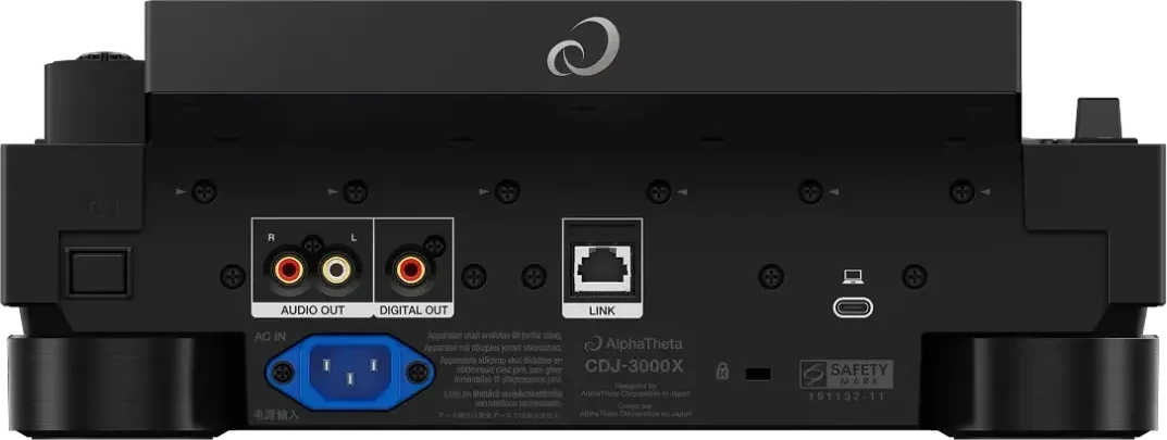 Rear panel of the AlphaTheta CDJ-3000X with the audio outputs, LAN, USB-C and power inlet