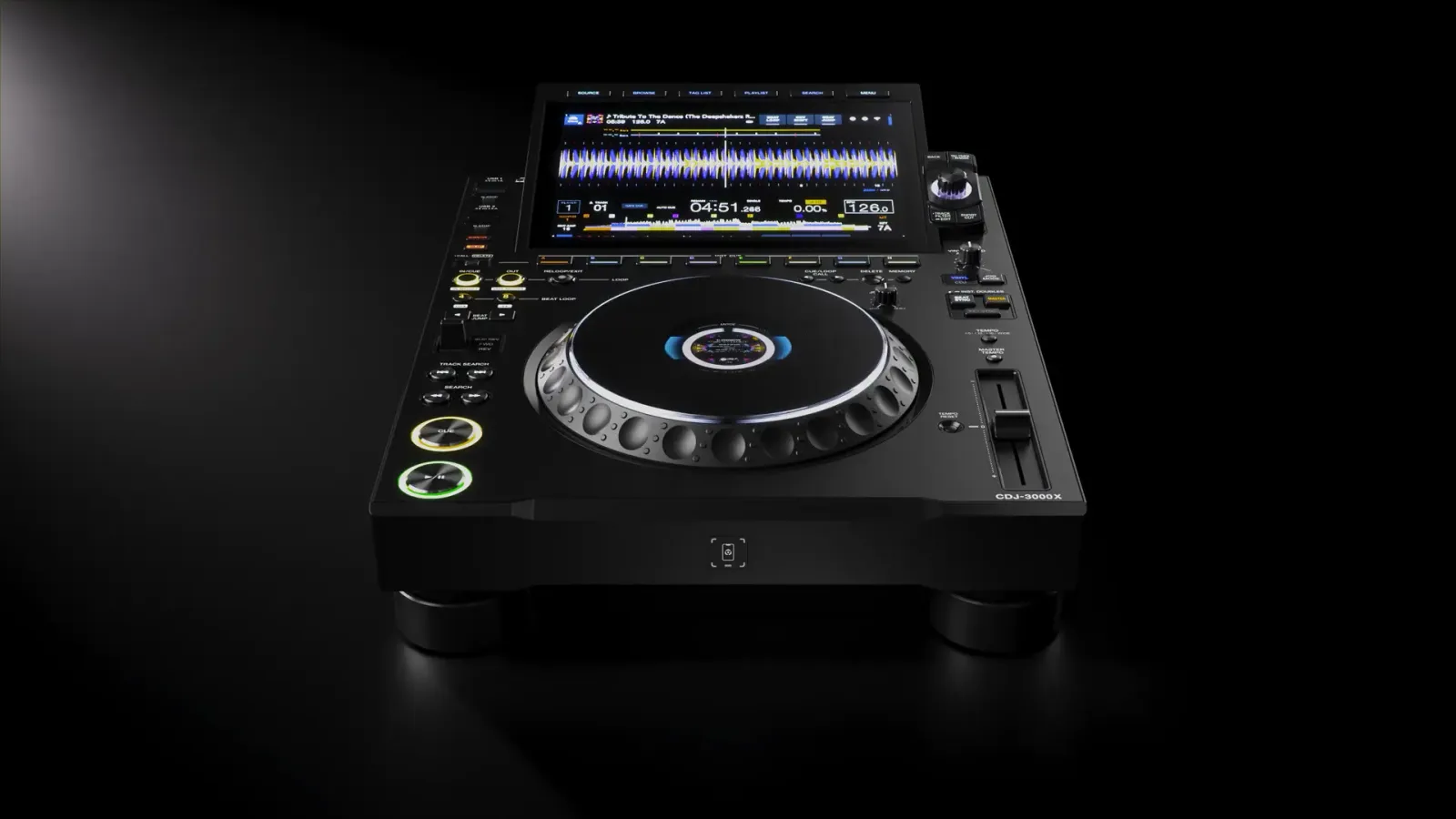AlphaTheta CDJ-3000X lit against a dark background