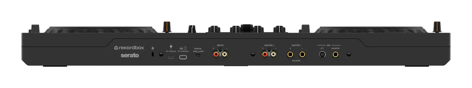 Rear panel of the AlphaTheta DDJ-GRV6 with its outputs, mic input and two USB-C ports