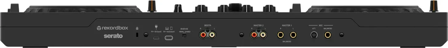 Rear panel of the AlphaTheta DDJ-GRV6 with its outputs, mic input and two USB-C ports