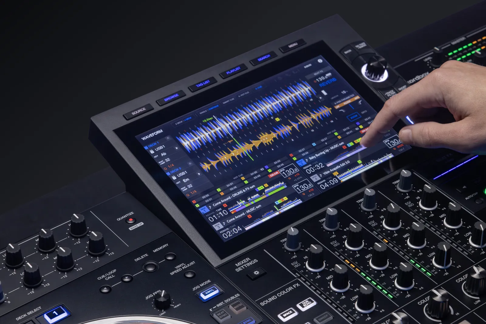 A finger on the 10.1-inch touchscreen of the AlphaTheta XDJ-AZ