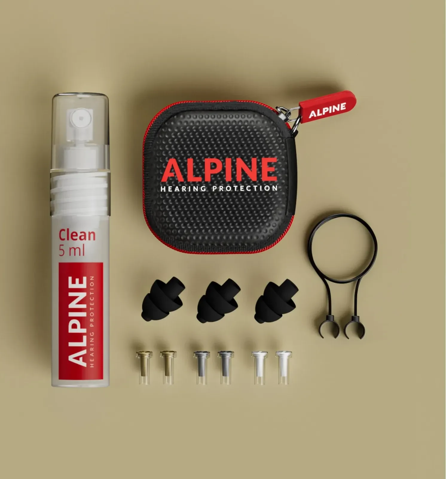 The Alpine MusicSafe Pro kit: three earplugs, six filters, cord, case and cleaning spray