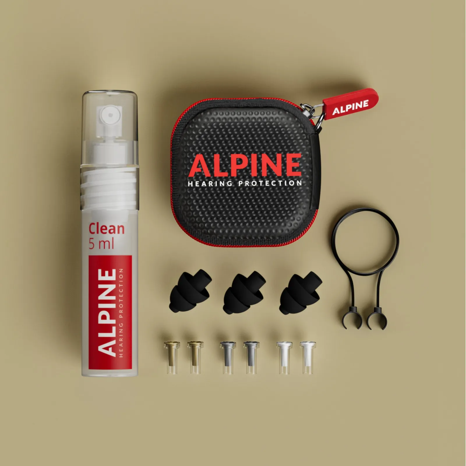 The Alpine MusicSafe Pro kit: three earplugs, six filters, cord, case and cleaning spray