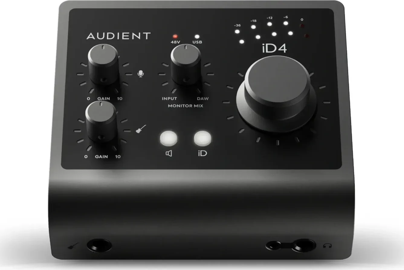 Audient iD4 MKII from the front, with its two headphone outputs and instrument input