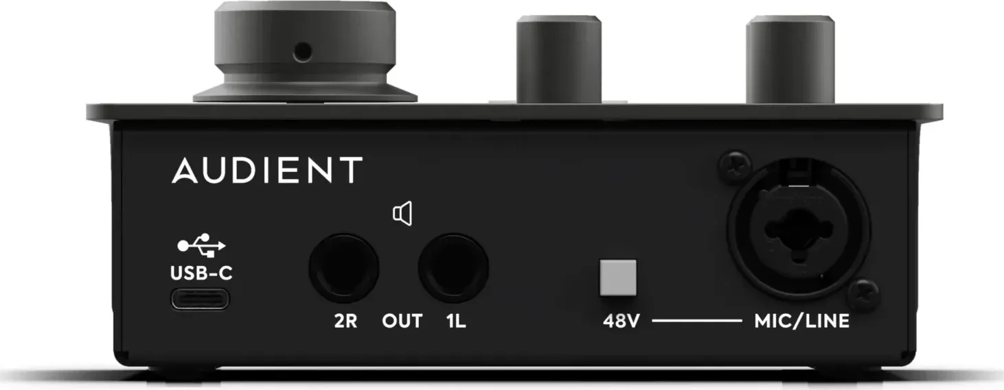 The back of the Audient iD4 MKII: USB-C, line outputs, 48 V switch and combo mic input