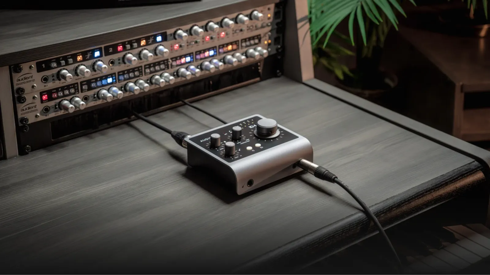 An Audient iD4 MKII on a desk in front of a rack of studio gear