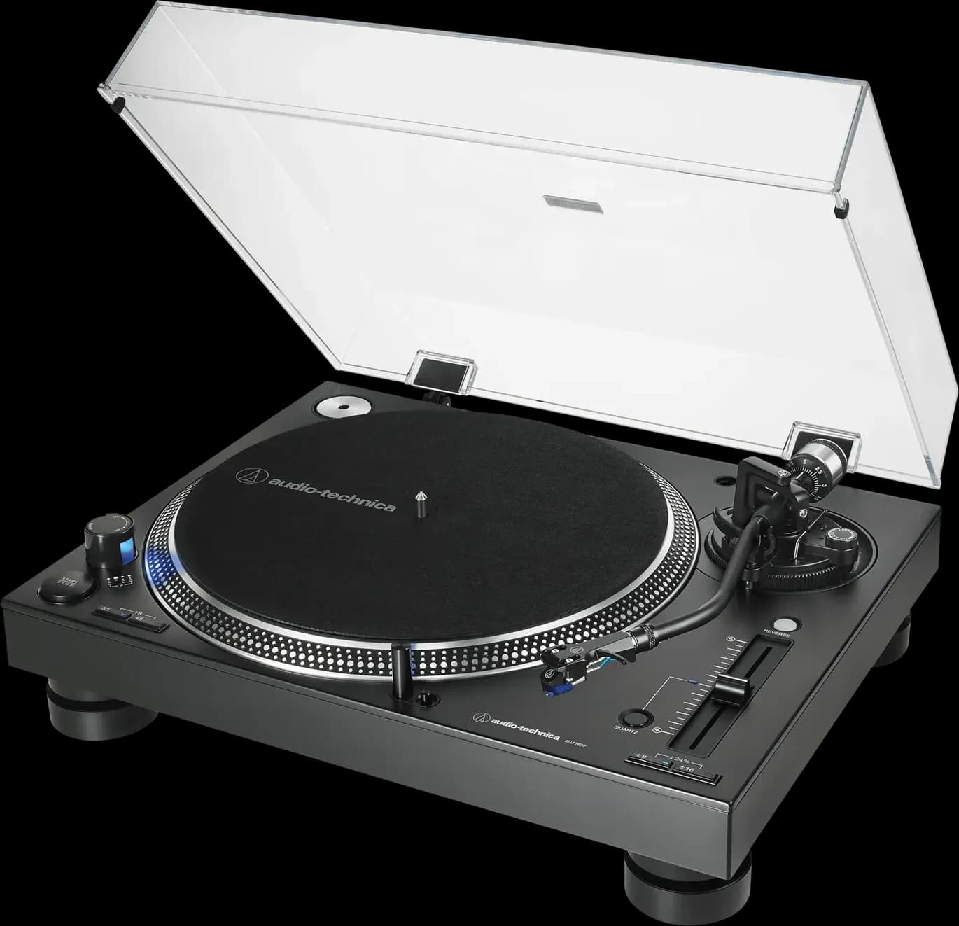 Audio-Technica AT-LP140XP turntable in black, angled view with dust cover open
