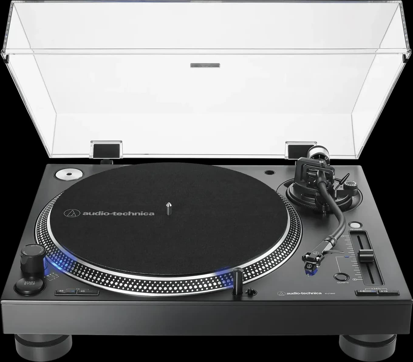 Audio-Technica AT-LP140XP turntable, front view with dust cover open