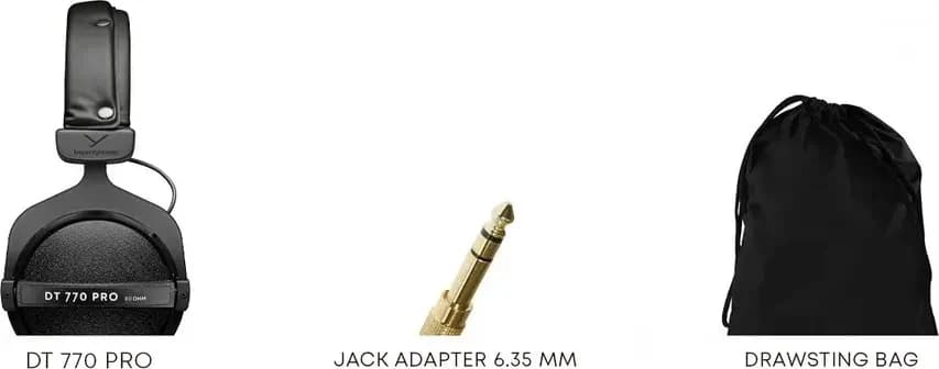 What comes in the box: the DT 770 PRO, a 6.35 mm jack adapter and a drawstring bag