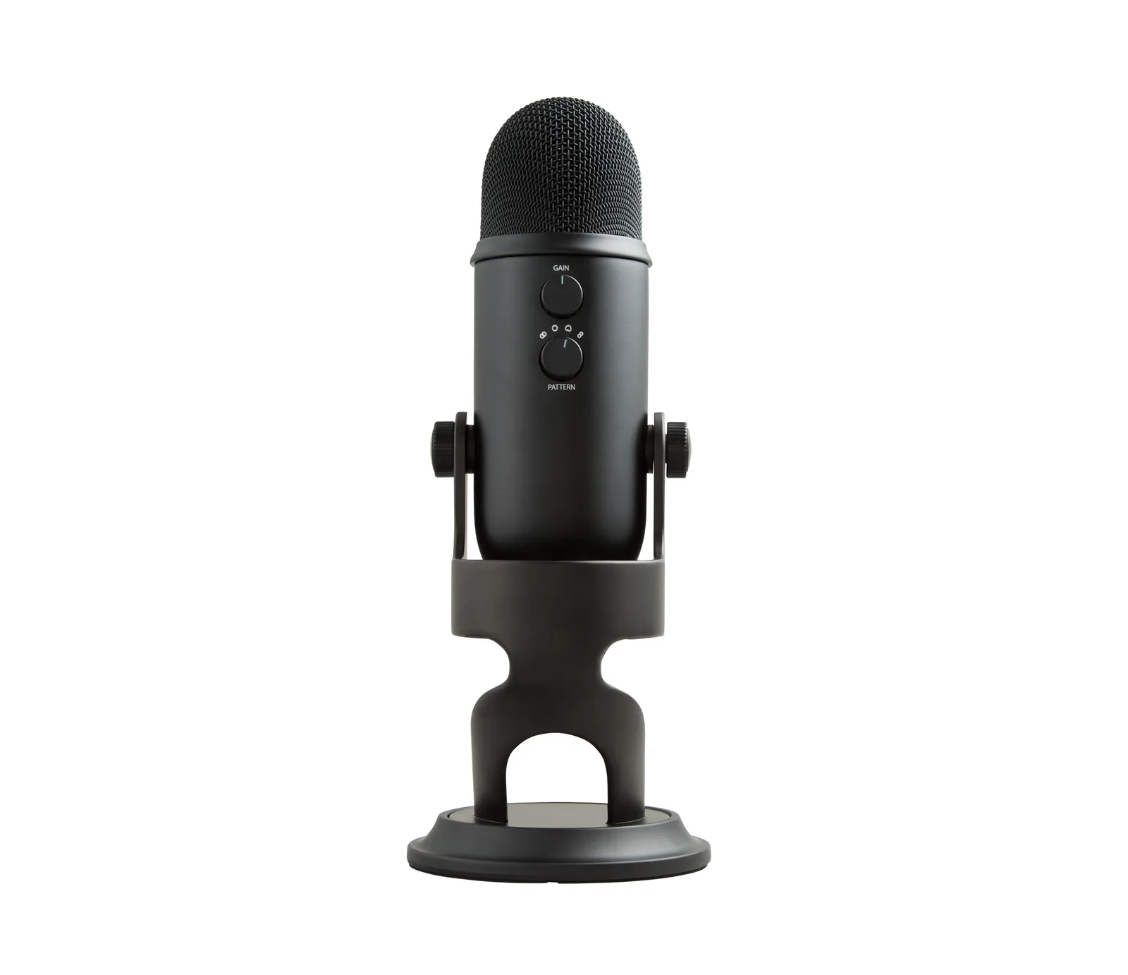 The back of the Logitech Yeti, with the pattern and gain knobs